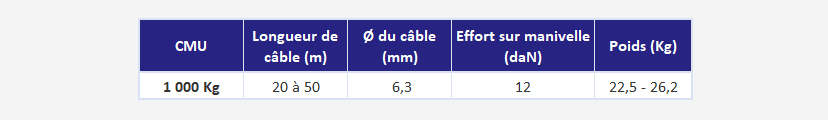 Treuil de levage à câble (1000 Kg)