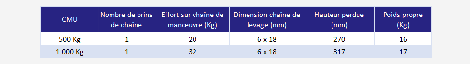 palan manuel a chaine - déclinaisons